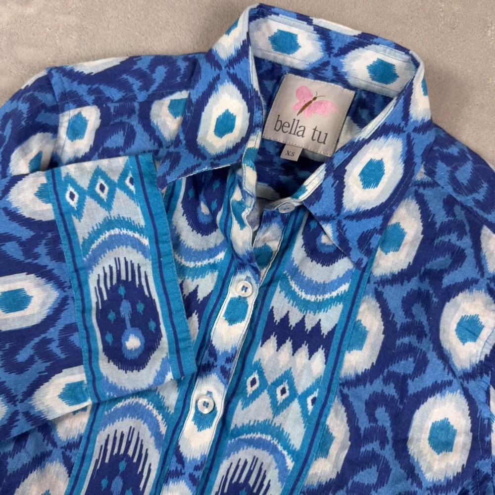 Bella Tu Blue Ikat Cotton Button Front Shirt Dress XS 3/4 Sleeve Belted
